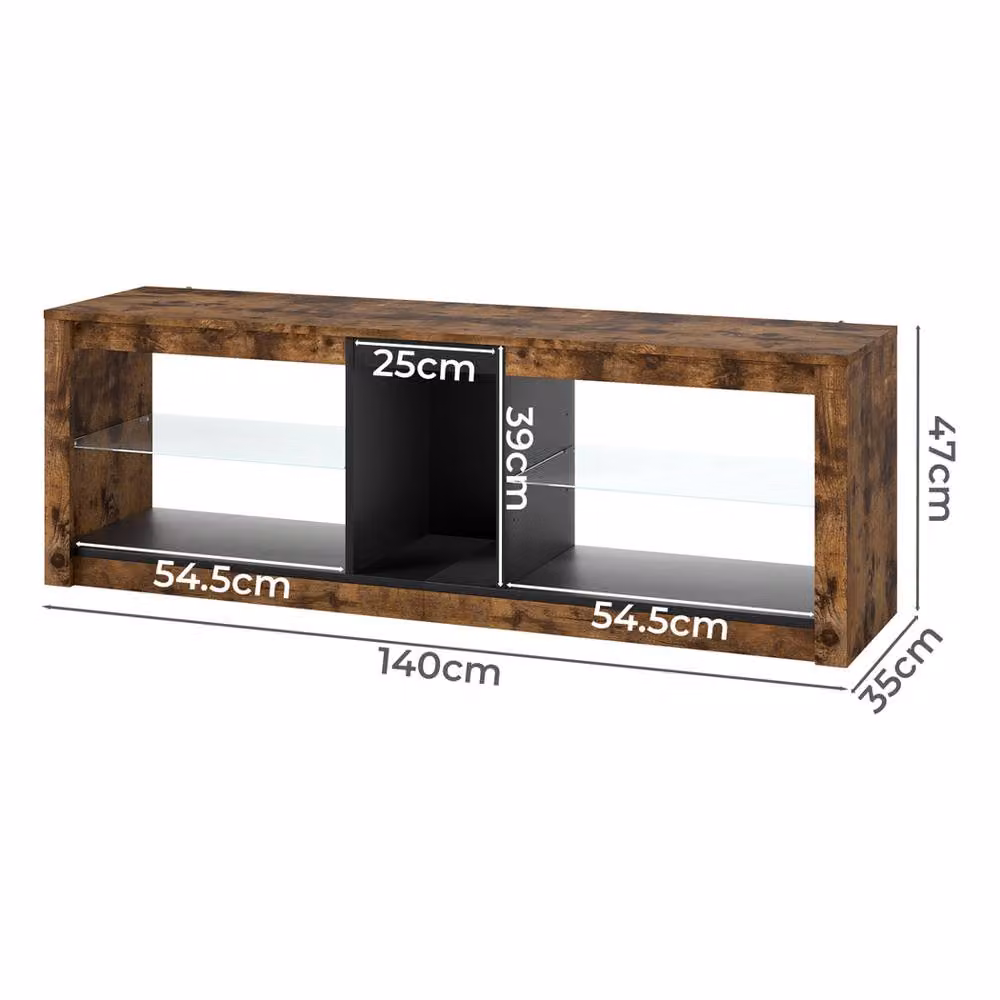 Levede Modern Brown TV Stand with RGB LED Lights and Glass Shelf, W: 140 cm, D: 47 cm, H: 47 cm – 4