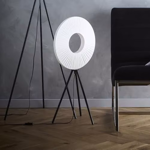 K LIVING Riley LED Tripod Table or Floor Lamp with Black Metal Legs and White Fabric Ring Shade