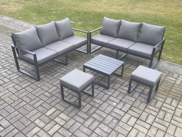 Fimous 8 Seater L-Shape Garden Furniture Set with Powder Coated Aluminium Frame, Square Coffee Table and 2 Ottomans in Dark Grey