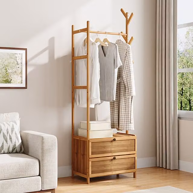 Livingandhome Minimalist Brown Untreated Wood Coat Rack with Dual Hook and Rail Matrix