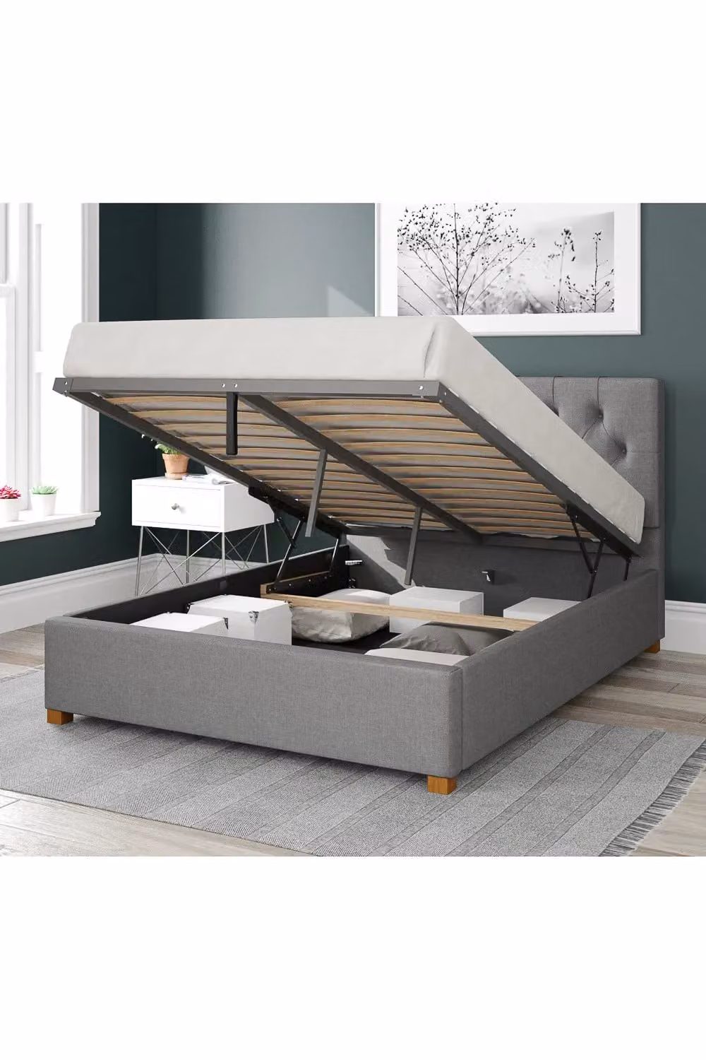 Aspire Olivier Upholstered Ottoman Storage Bed in Grey Eire Linen Fabric, W/D/H: 140 x 200 cm – 2