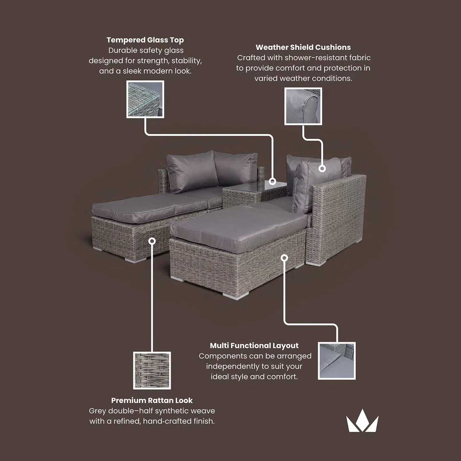 Royalcraft Paris 4 Seater 5 Piece L-Shape Garden Relaxer Set in Grey with Powder Coated Aluminium Frame and Matching Ottoman – 3