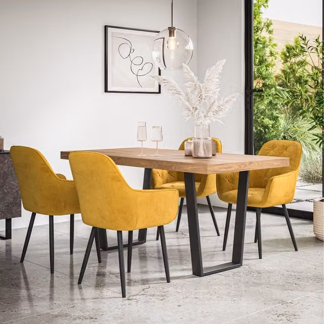 More4Homes Aria Oak Effect Dining Table with 4 Anika Mustard Velvet Chairs