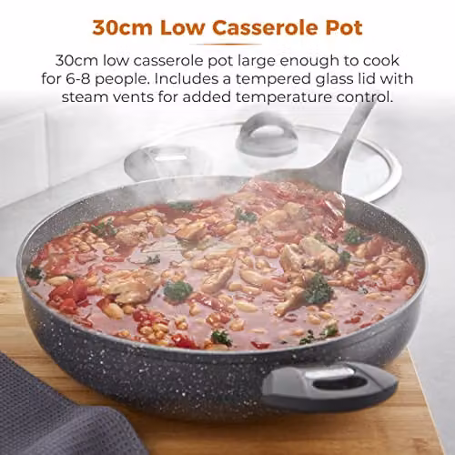 Tower Cerastone Aluminium Casserole Pot with Ceramic Non-Stick Coating and Glass Lid, Grey, 30 cm – 2