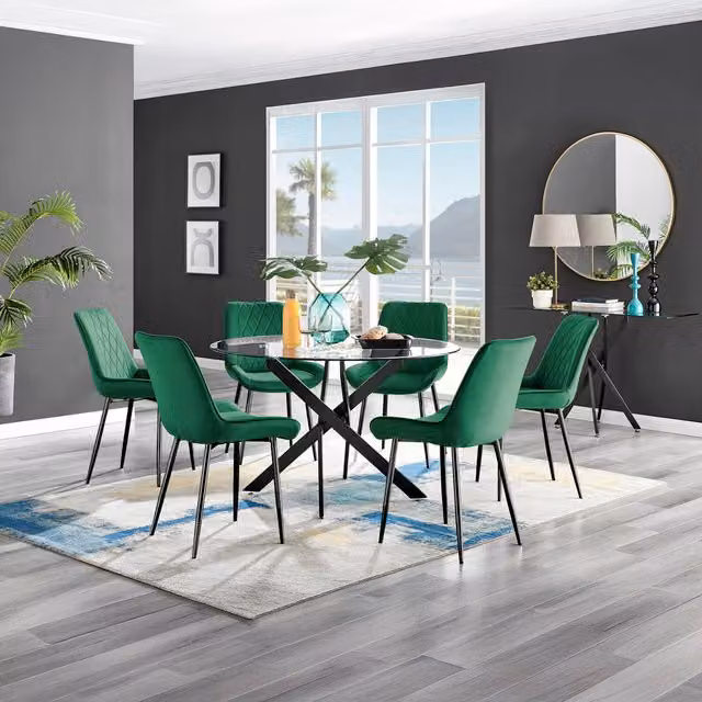 FurnitureboxUK Novara Round Glass Dining Table with 6 Pesaro Green Chairs and Black Legs, Diameter: 120 cm