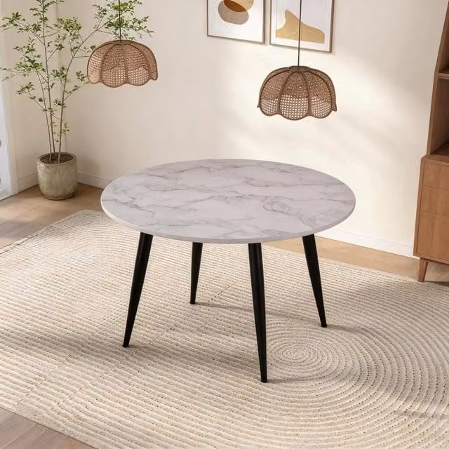 FURNITURE ONE Round White Marble Dining Table with Black Metal Legs, Diameter: 116 cm – 1