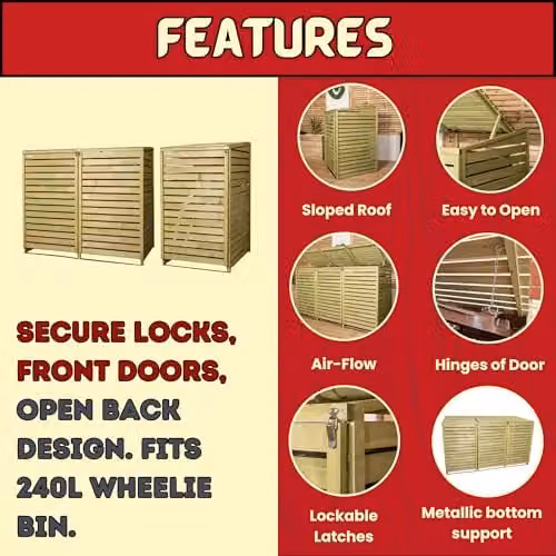 Samuel Alexander Brown Wooden Triple Wheelie Bin Store for 3 Bins, W: 122 cm, H: 199 cm, D: 79 cm – 4