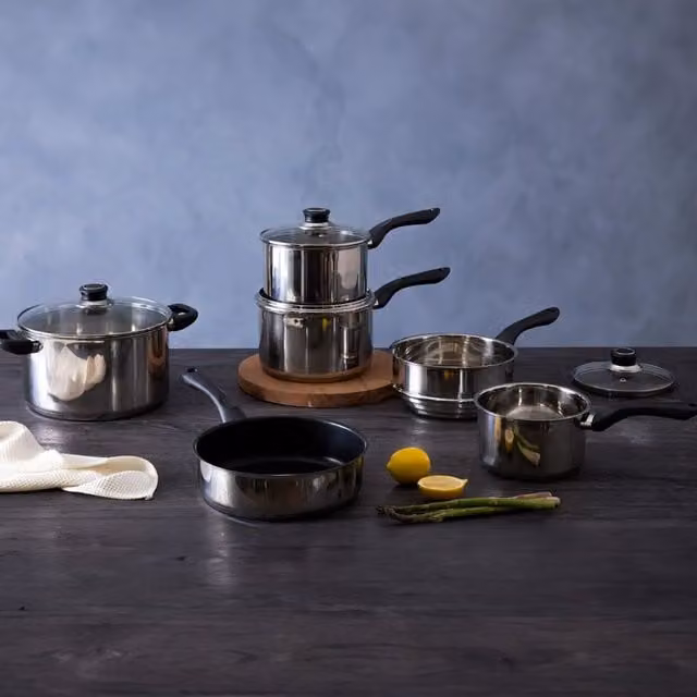 Orsina 6 Piece Non-Stick Stainless Steel Cookware Set with Saucepan, Frying Pan and Lids in Silver