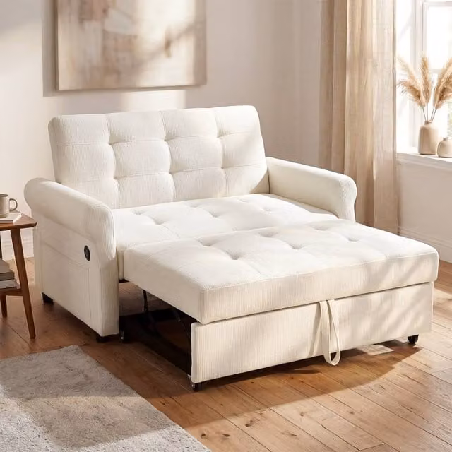 BTM 2 Seater Pull Out Sofa Bed with Storage Pocket and Rolling Casters in White – 1