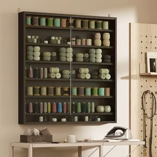 HOMCOM 7-Tier Wall Mounted Display Cabinet with Glass Doors in Black, W/H: 80 x 83 cm – 8