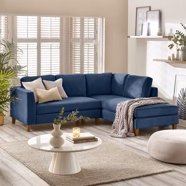 FurnitureboxUK Foster L-Shaped Corner Living Room Sofa Set in Navy Blue Velvet Fabric