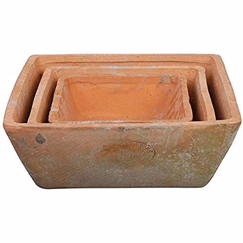 Esschert Design AT05 Aged Terracotta Square Planter Pots, Brown, Set of 3, W/D/H: 16 x 16 x 6-25 x 25 x 9 cm