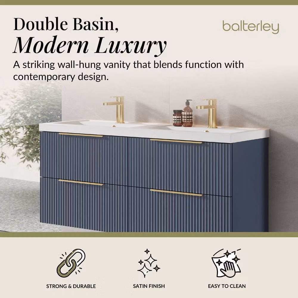 Balterley Fluted Front Wall Hung 4 Drawer Vanity Basin Unit, Satin Blue, W: 120 cm – 2