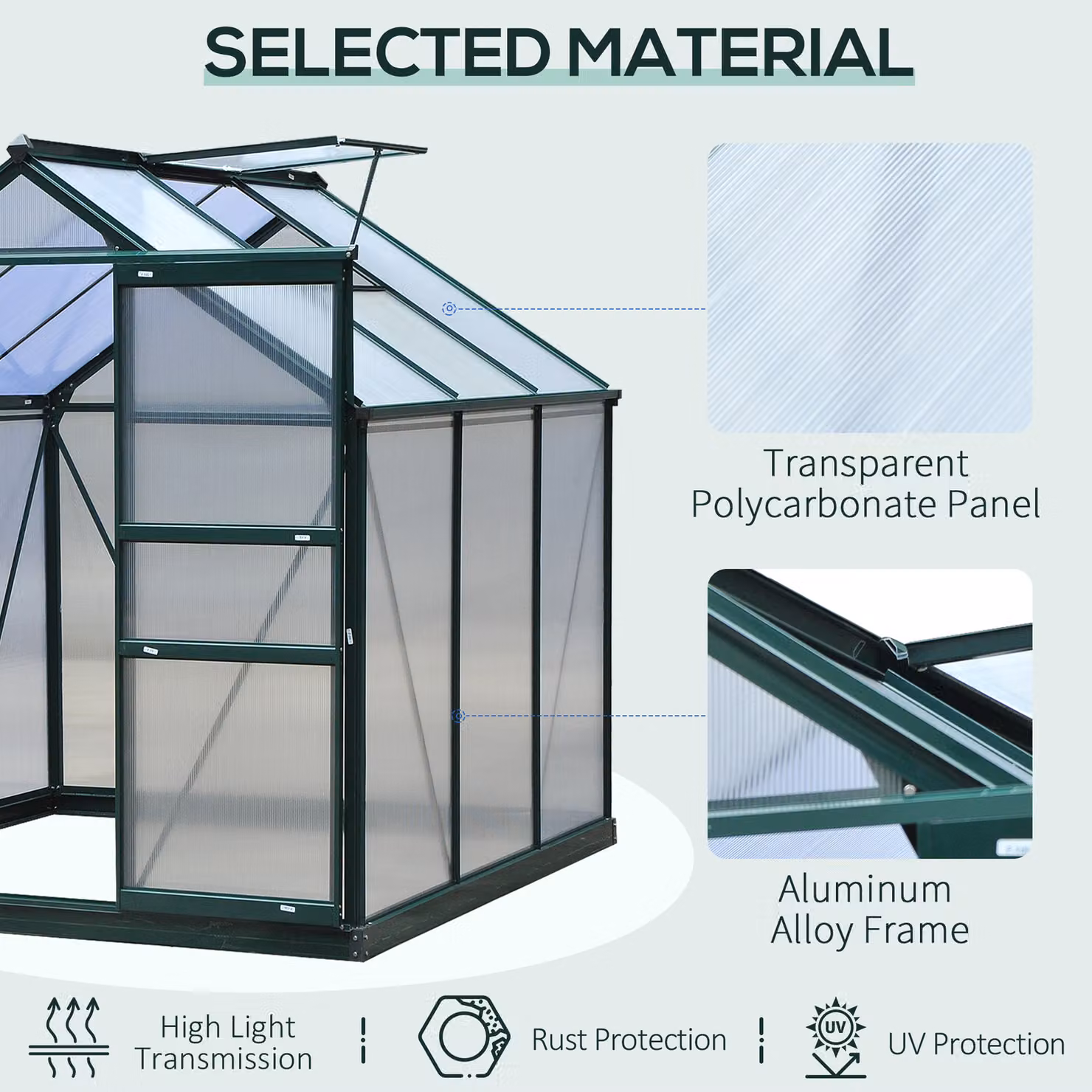 Outsunny Large Walk-In Polycarbonate Garden Greenhouse with Aluminium Frame and Galvanised Steel Base, W/D/H: 182.88 x 192.0 x 201.0 cm – 5