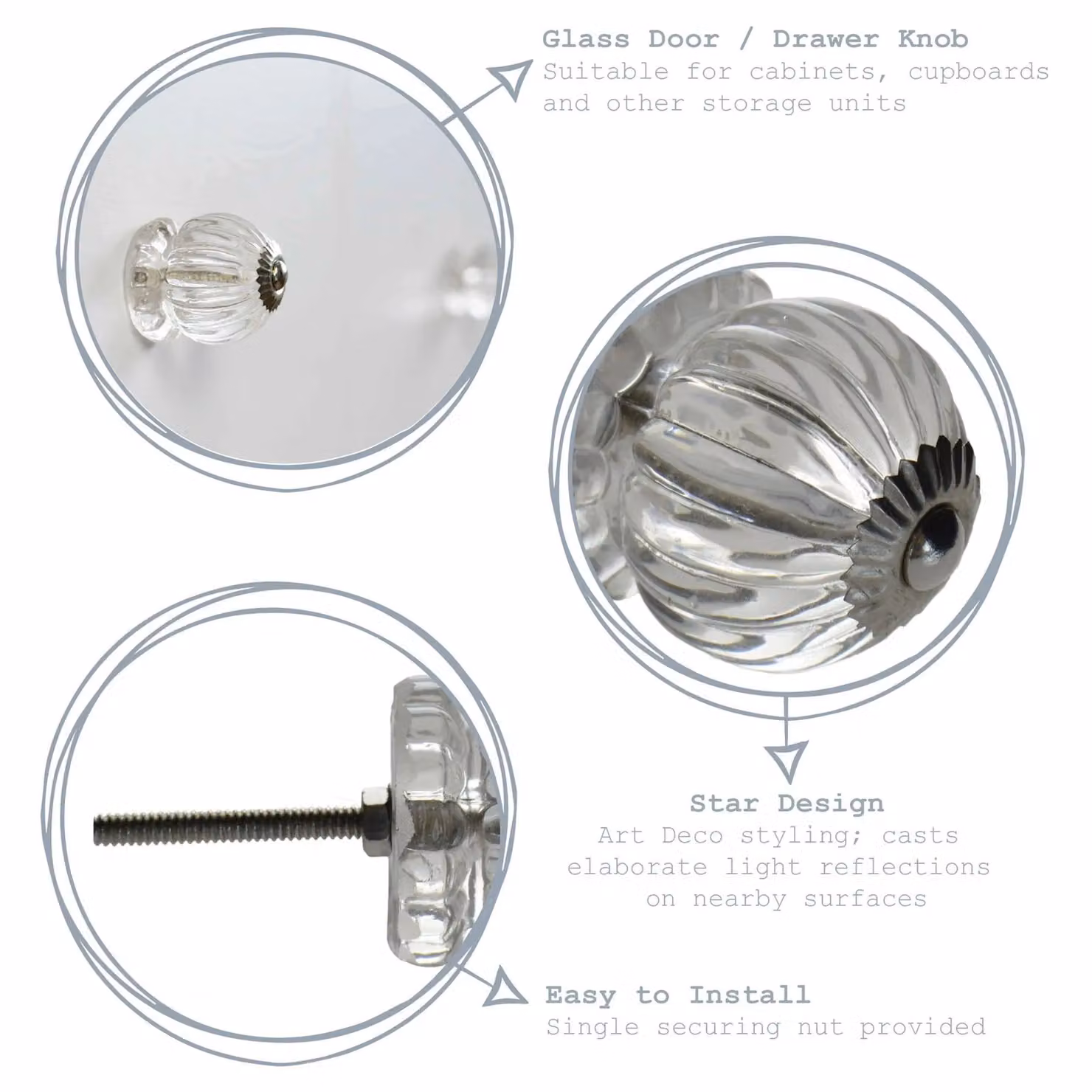 Nicola Spring Transparent Glass Cabinet Knob with Polished Threaded Stem – 2