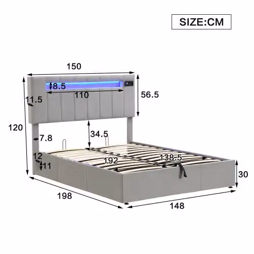Matteo Grey Velvet Upholstered Hydraulic Double Bed with USB Charging Port and Under-bed Lighting, W: 135 cm, L: 190 cm – 6