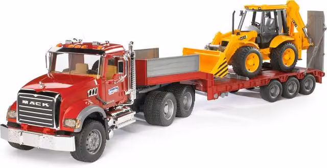 Bruder MACK Granite Low Loader Truck with JCB 4CX Backhoe Loader Model, Red, 1:16 Scale