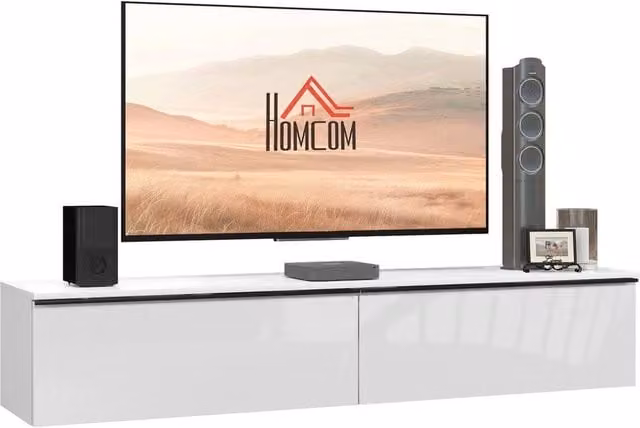 NESTLUNE Wall Mounted TV Stand Unit with High Gloss White Finish and Flip-up Door, W: 100 cm, D: 15 cm