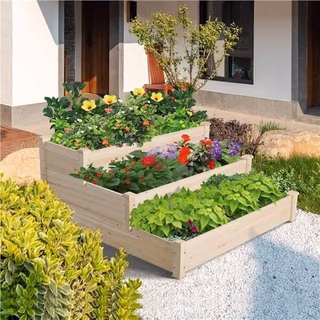 EONLION 3 Tier Wooden Elevated Raised Garden Bed Planter Box in Brown and Beige, W/D/H: 120 x 43.94 x 55.88 cm