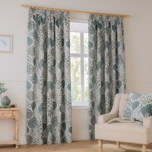 Wylder Ophelia Floral Room Darkening Pencil Pleat Curtain Pair in Green, W: 117 cm, H: 183 cm