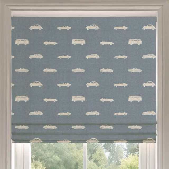 Ante Decor Made To Measure Roman Blind in Blue Denim Cotton with Vintage Cars Print