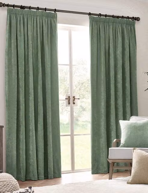 YARD Chenille Velvet Pencil Pleat Opaque Curtains, Green, H: 218 cm x W: 183 cm