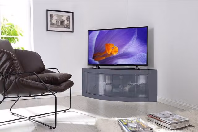 PANGEA Beam-Thru Curved Tru-Corner TV Stand in Grey and Black with Glossy Glass Finish