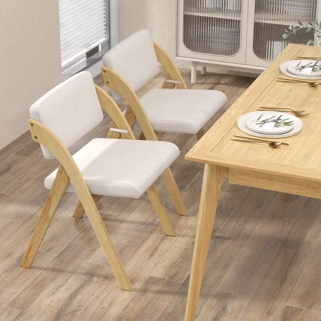 Costway Set of 2 Folding Scandinavian Dining Chairs in Natural Wood and Fabric