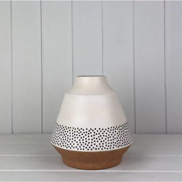 KDMD Earthy Dotty White Scandinavian Ceramic and Rattan Tabletop Vase
