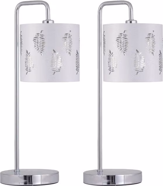 First Choice Lighting Set of 2 Silver Arched Metal Table Lamps with White Fabric Fern Shades – 1