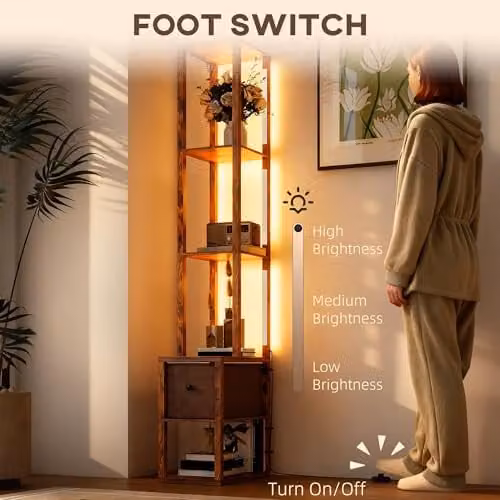 HOMCOM LED Floor Lamp with Shelves and Fabric Shade in Rustic Brown – 3