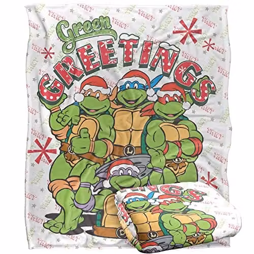 LOGOVISION Teenage Mutant Ninja Turtles TMNT Green Greetings Super Soft Microfibre Fleece Throw Blanket, W/D/H: 152 x 127 cm, White and Green