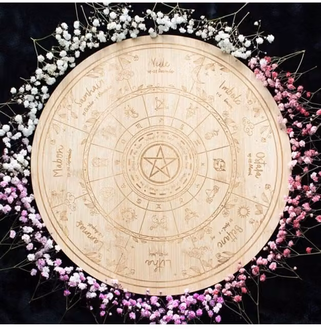 KDMD Wheel of the Year Round Wooden Serving Board in Brown
