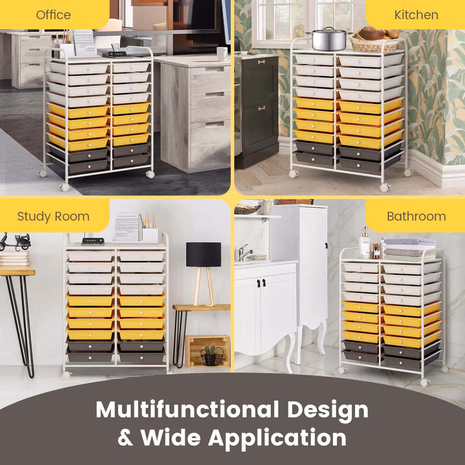 Costway 20 Drawer Mobile Utility Trolley Storage Rolling Cart in Yellow – 3