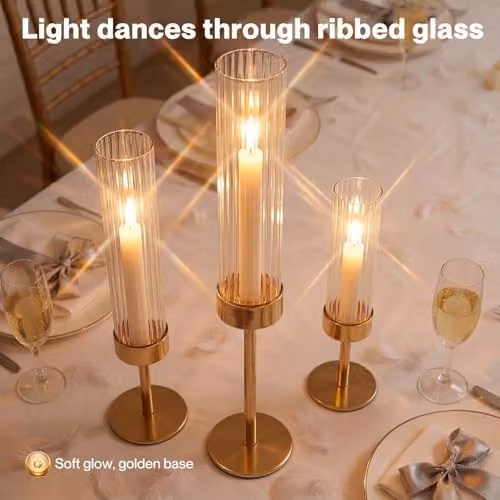 Levede Set of 3 Gold Fluted Metal and Glass Hurricane Candle Holders for Taper Candles – 6