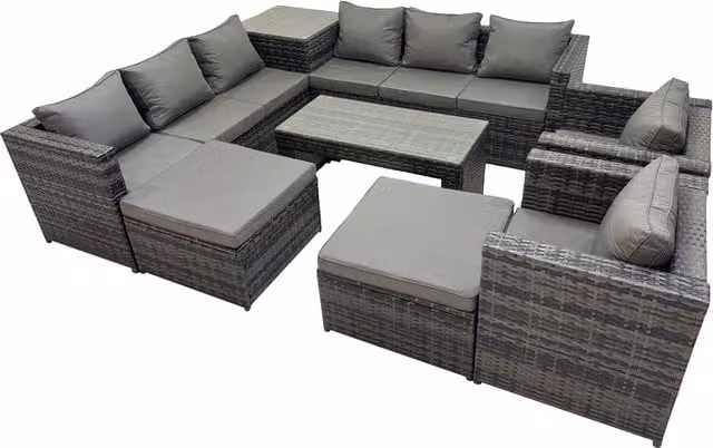Fimous 10 Seater Dark Grey Rattan Garden Furniture Set with L-Shape Sofa, Coffee Table, Ottoman and Stools – 1