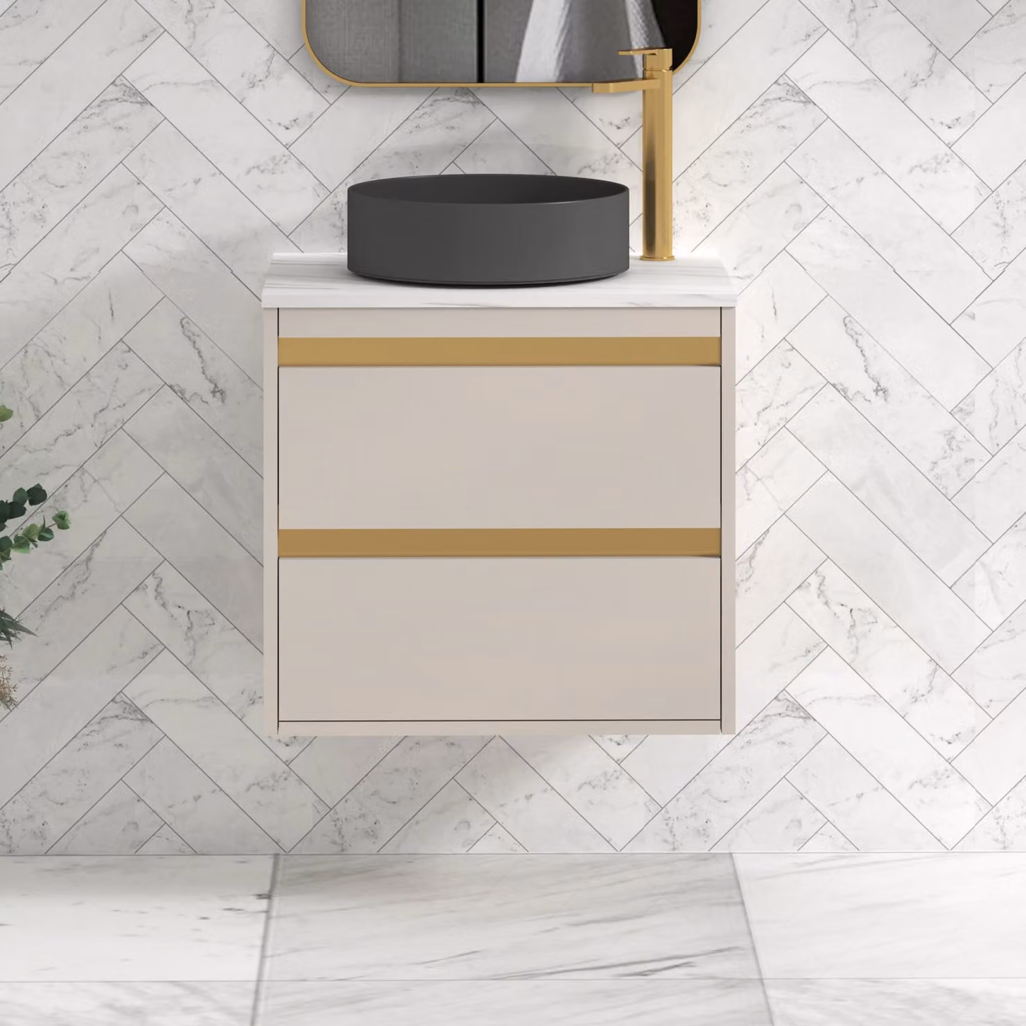 Royal Bathrooms Orion 800mm Warm Taupe Wall Hung Countertop Vanity Unit with 2 Drawers, Art Round Basin and Brushed Brass Accent Trim