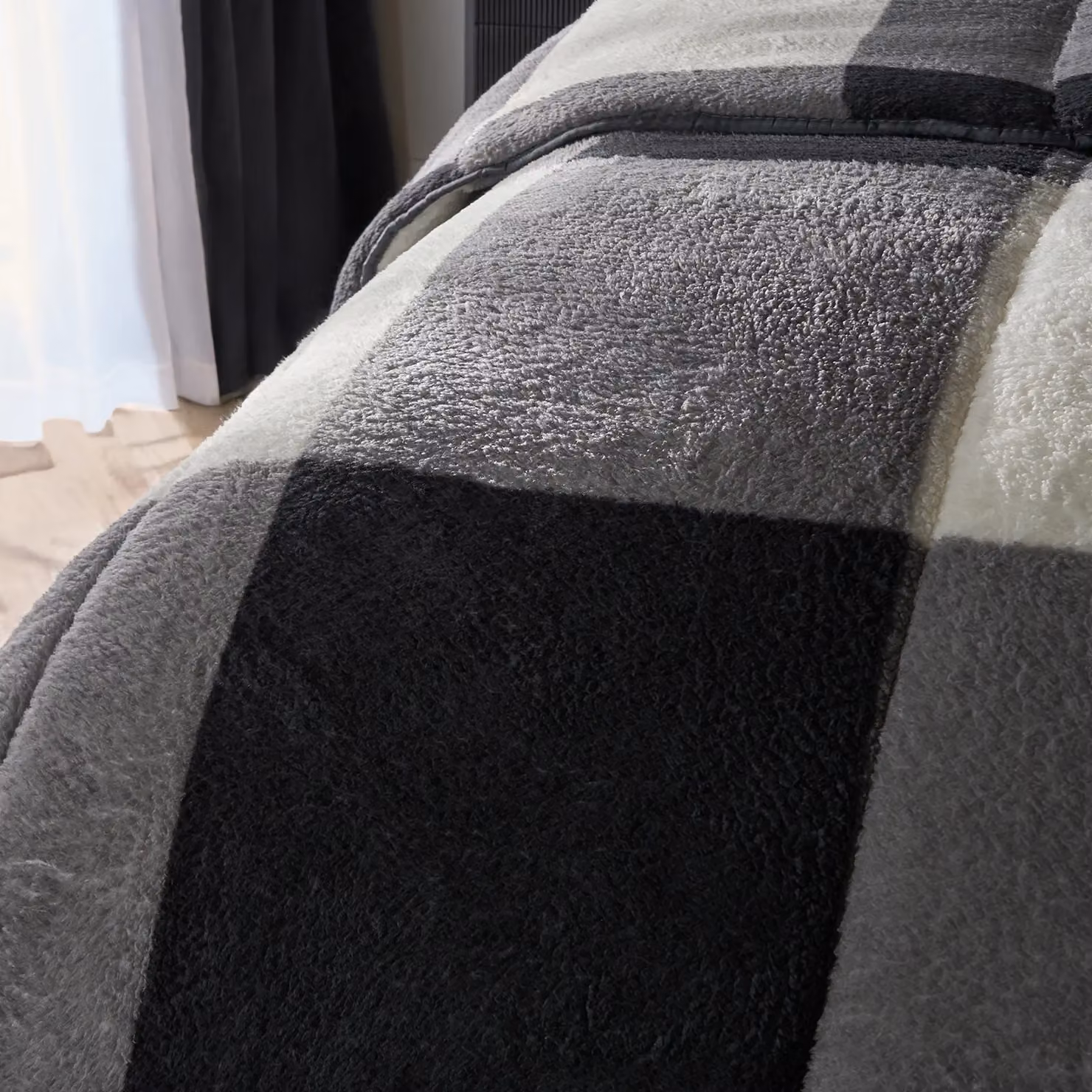 OHS King Size Teddy Fleece Gingham Bedding Set in Light Grey, 10.5 TOG Duvet and Pillowcase Set – 4