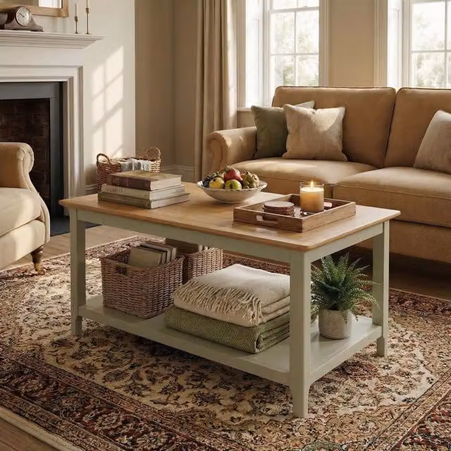 FWStyle Large Rectangular Coffee Table with Oak Veneer Top and Storage Shelf in Sage Green, Width: 90 cm