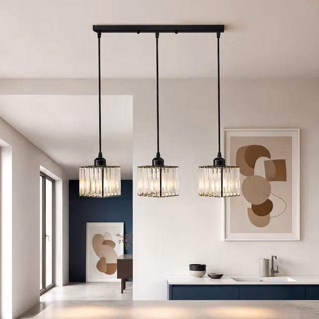 Livingandhome 3-Light Square Crystal Ceiling Chandelier in Black
