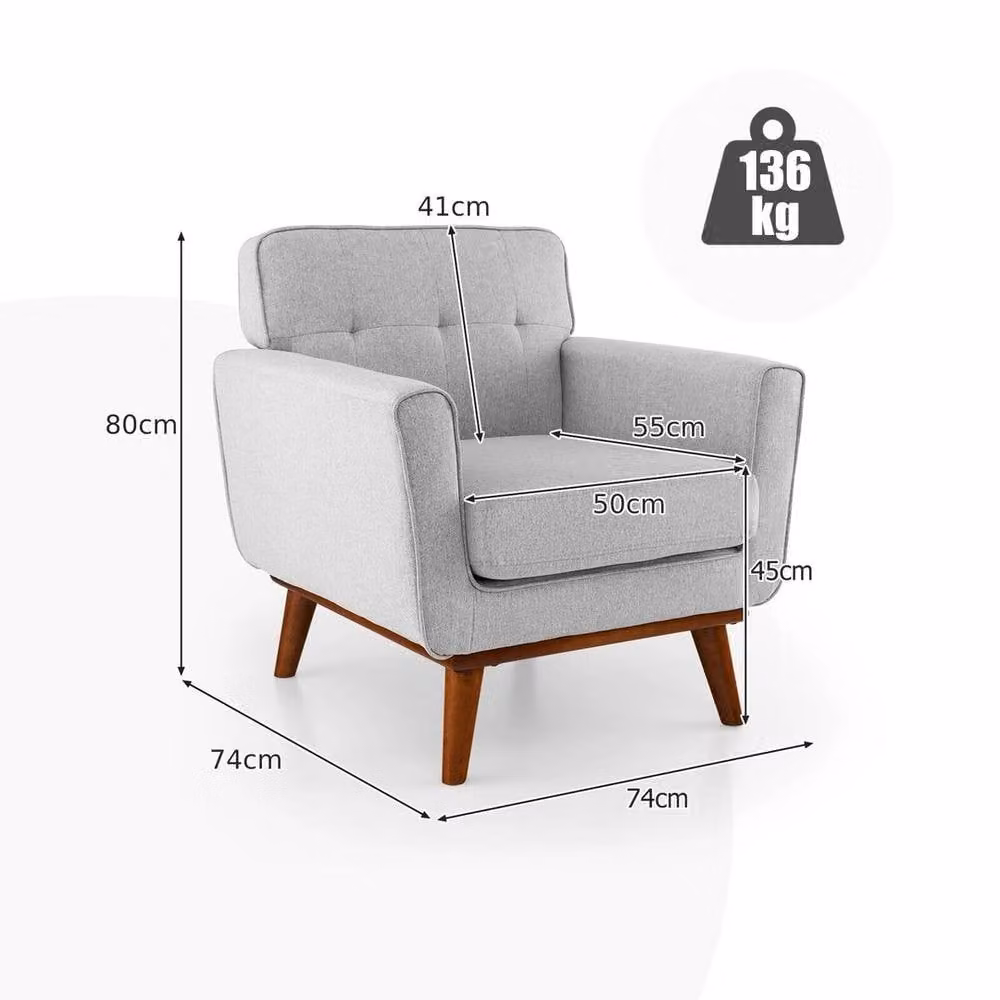 KORVIXA Grey Linen Fabric Tub Armchair with Solid Rubberwood Frame, W/D/H: 100 x 100 x 100 cm – 2