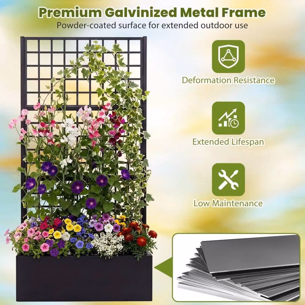 Kelvenix Black Metal Raised Garden Bed with Trellis, W: 90 cm, D: 40 cm, H: 180.5 cm – 3