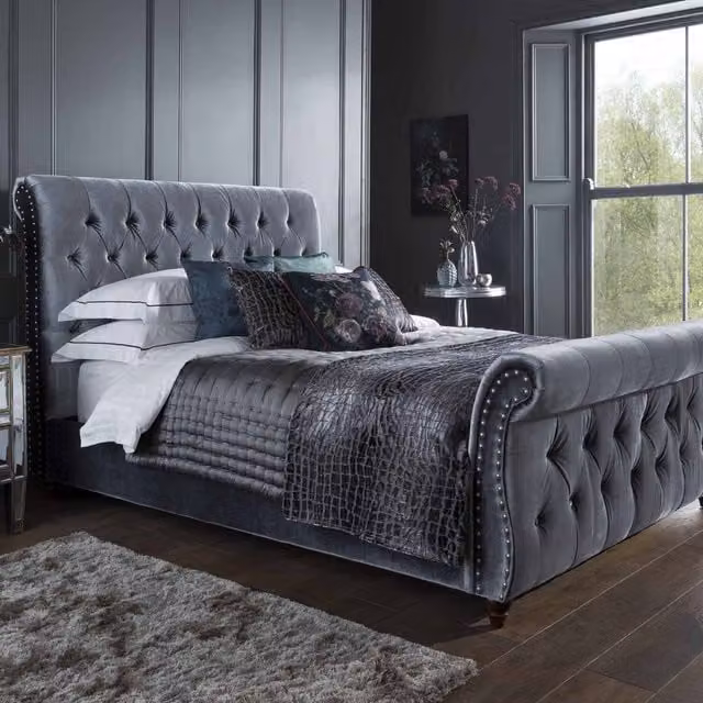 Flintshire Furniture Montana King Size Upholstered Velvet Bed in Grey, 180 x 200 cm