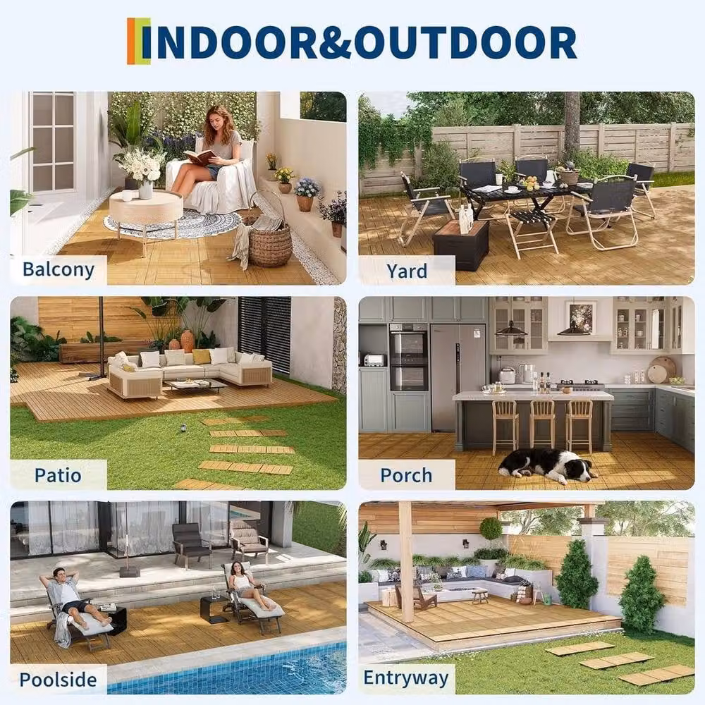 VOGREX Brown Solid Acacia Wood Interlocking Waterproof Deck Tiles, 22 Pack – 4