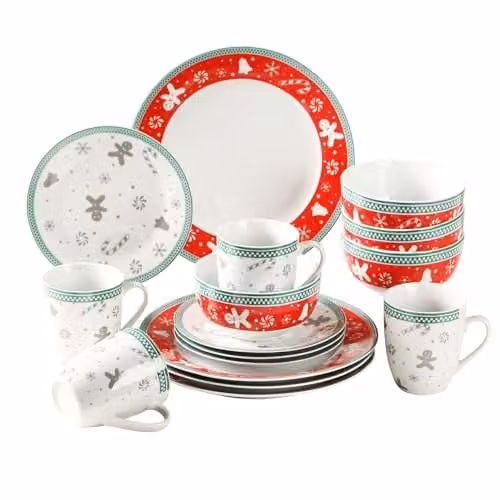 Simpa 16-Piece Christmas Gingerbread Men Ceramic and Porcelain Dinner Set in Multicolour – 1