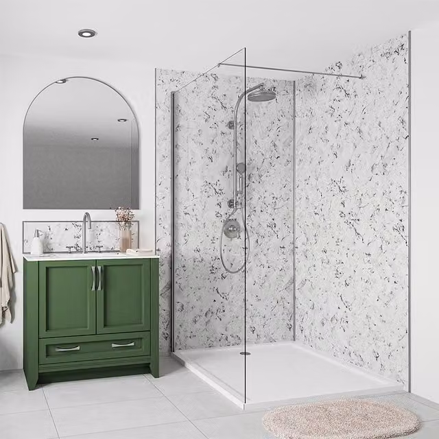 Wetwall Alloy Carrara Marble Herringbone Shower Wall Panel in White and Grey, Width: 600 mm