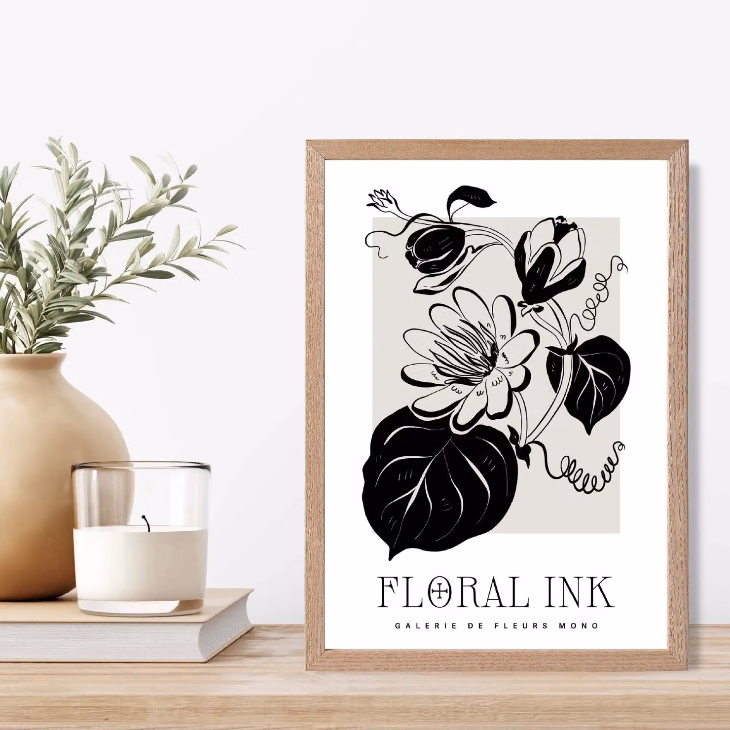 ARTZE Tropical Flowers Black and Beige Floral Ink Sketch Framed Print with Oak Frame, A2 – 2