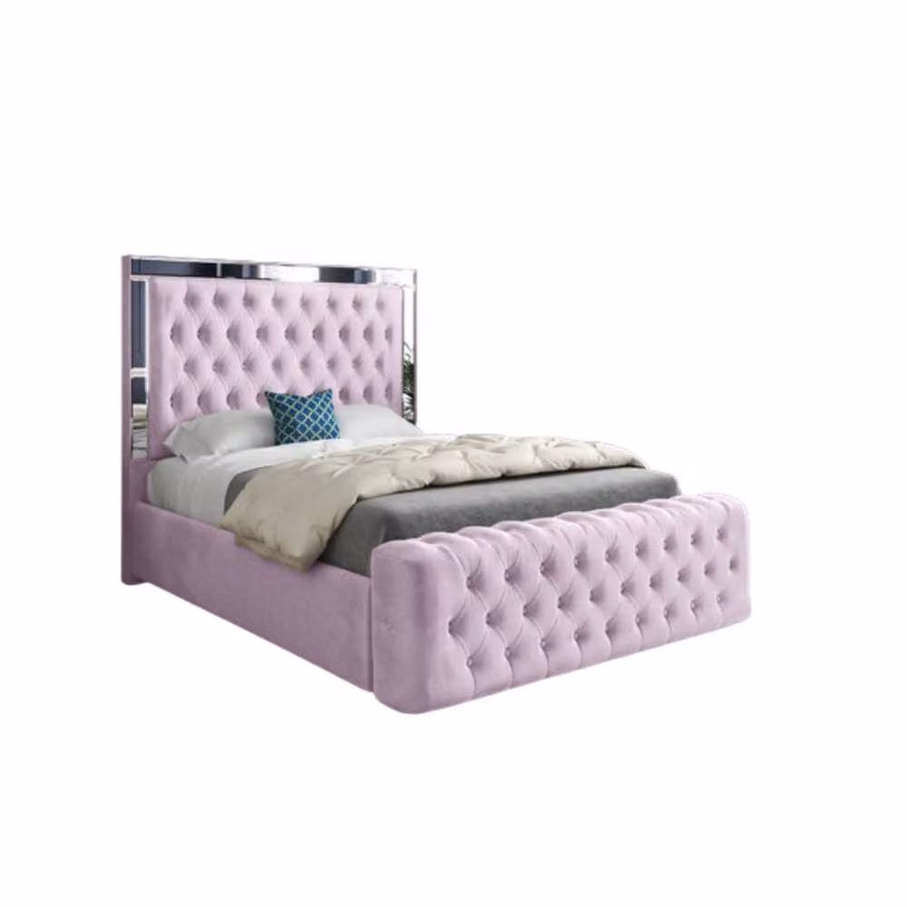 Stratus Interiors Winchester Button-Tufted Mirror Border Ottoman Bed Frame in Pink, Double (140 x 200 cm) – 2