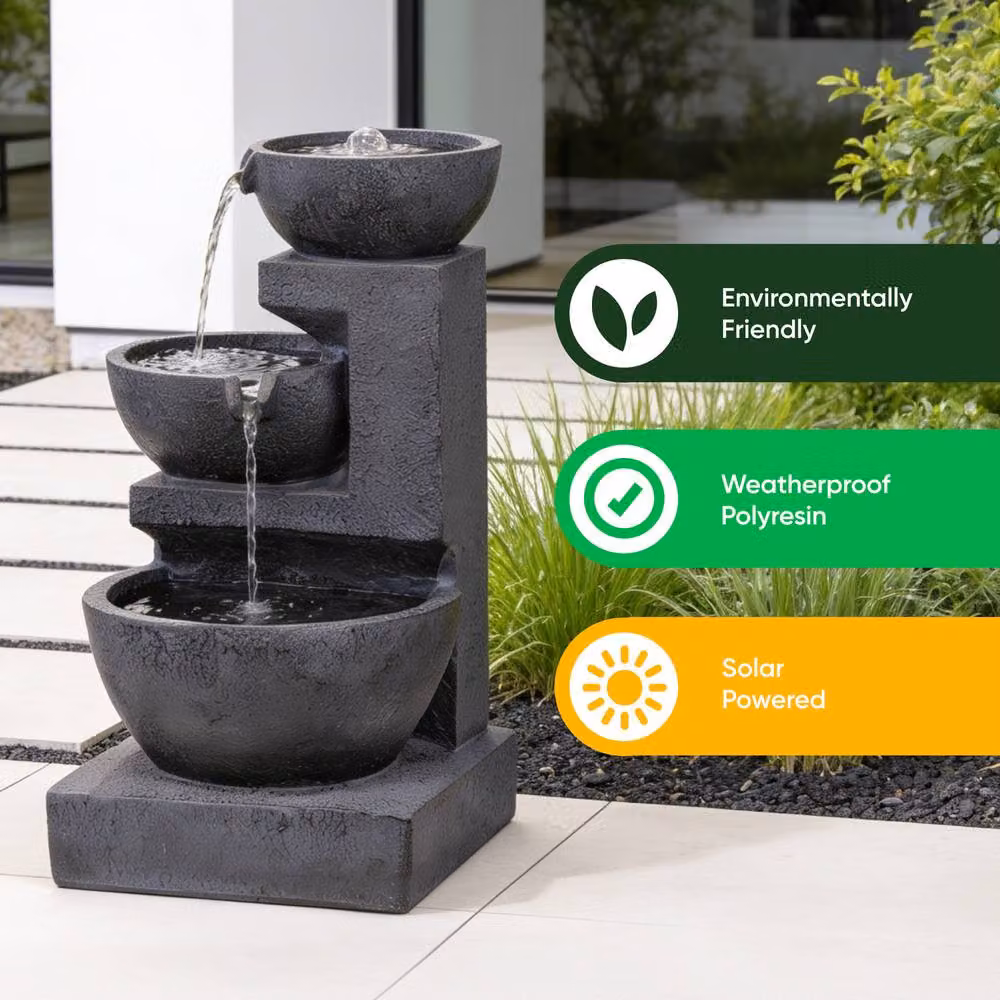 Gardenwize Solar Cascading Ceramic Water Feature with Battery Backup in Dark Grey, H 61.0 cm x W 34.0 cm x D 34.0 cm – 4