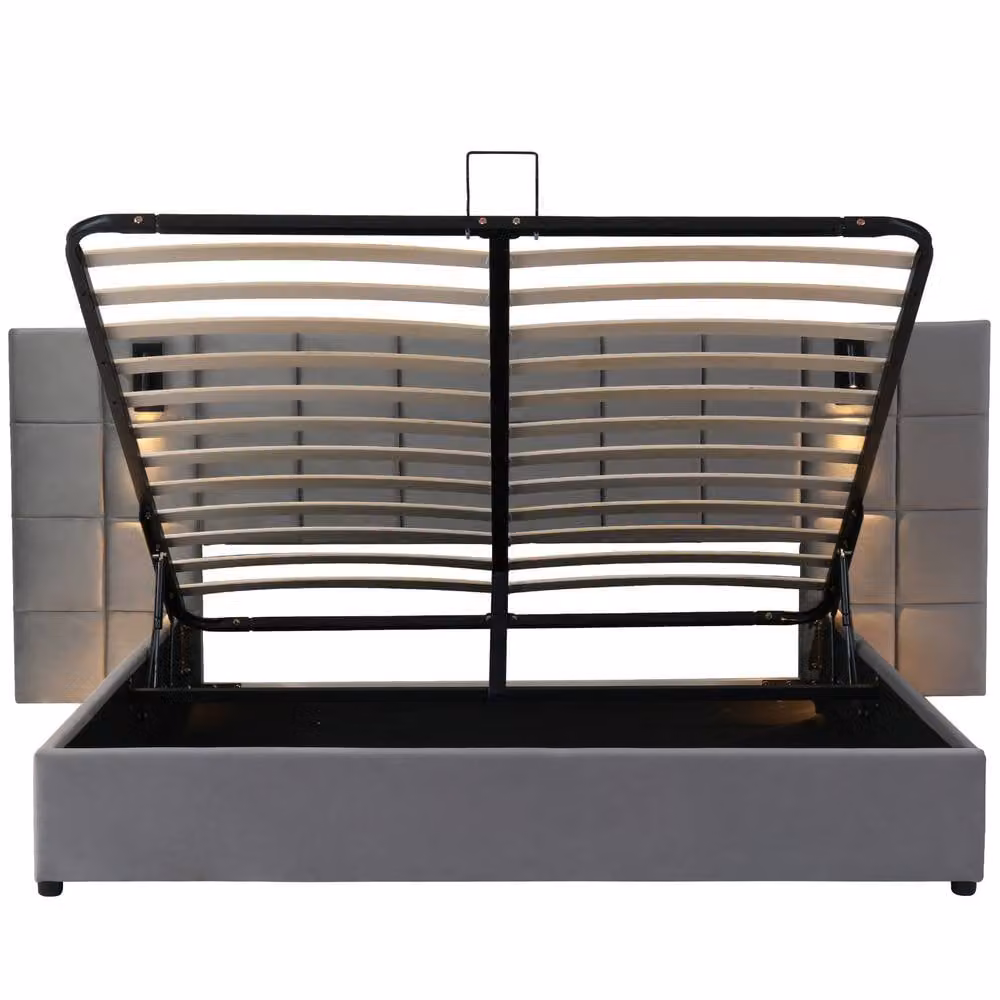 Rolipo Grey Velvet Super King Size Ottoman Bed with USB Charging Port and Integrated Reading Light, W: 180 cm, D: 200 cm – 6